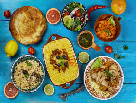 Maghreb cuisine . Traditional assorted Maghreb dishes, Top view.の写真素材