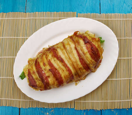 Bacon Wrapped Chicken Meatloaf With A Cheesy, Mushroom Stuffingの写真素材