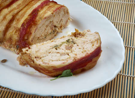 Bacon Wrapped Chicken Meatloaf With A Cheesy, Mushroom Stuffingの写真素材