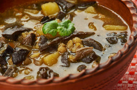 Belarusian mushroom soup with dried mushrooms and pearl barleyの写真素材