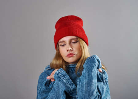 young pretty fair-haired teenage hipster   girl emotional posing ,  lifestyle people concept