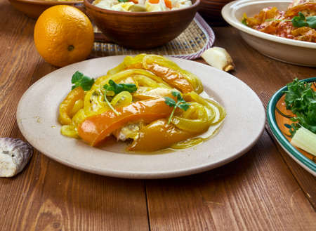 Portuguese cuisine - Atum de cebolada, Traditional  Portugal dishes, Top view.の写真素材