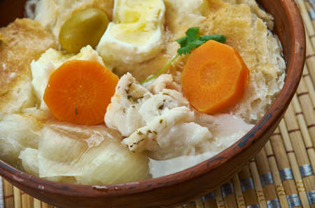 Portuguese cuisine - Acorda de Bacalhau,  Portugal dishes, Top view.の写真素材