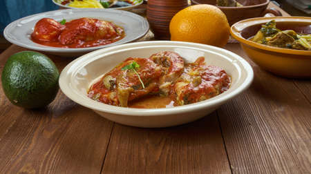 Nigerian cuisine - Banga soup , Traditional assorted  dishes, Top view.の写真素材