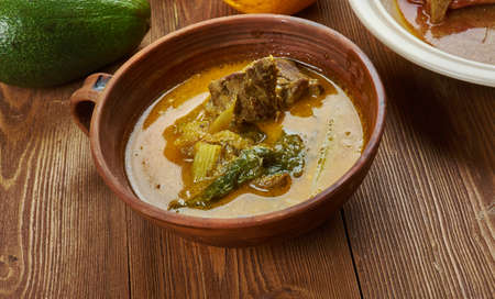 Nigerian cuisine - okazi soup , Traditional assorted  dishes, Top view.の写真素材