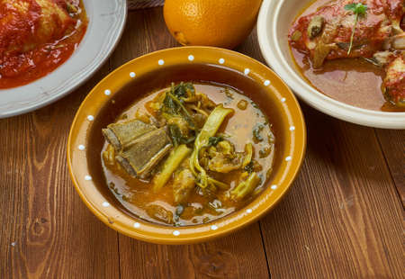 Nigerian cuisine - Ora Soup, Nigerian Bitterleaf Soup Traditional assorted  dishes, Top view.