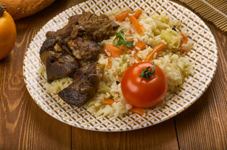 plov dushanbe, Tajik cuisine, Traditional assorted Tajik  dishes, Top view.の写真素材