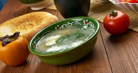 Tajik cuisine,oshi siyolaf, spicy and sour greens soup, Traditional assorted Tajik  dishes, Top...