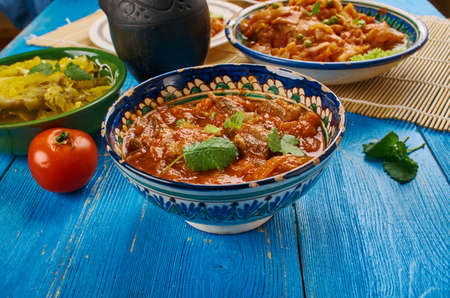 Indian cuisine . Naat yakkhn -Kashmiri Yogurt Lamb curry , Traditional assorted India dishes, Top view.の写真素材