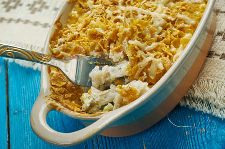 Cod Au Gratin - appetizer from New Foundland, Canada, Flaked cod is layered with white sauce, and sprinkled with Cheddar cheese before being baked in this simple casserole.の写真素材