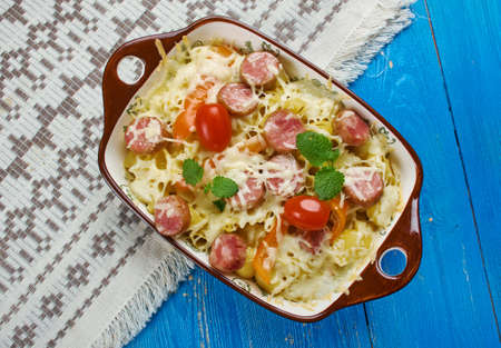Smoked Sausage Alfredo - casserole with pasta and sauceの写真素材