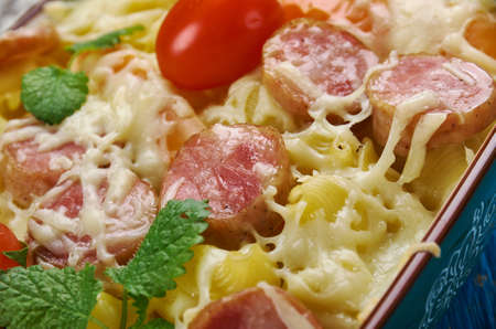 Smoked Sausage Alfredo - casserole with pasta and sauceの写真素材