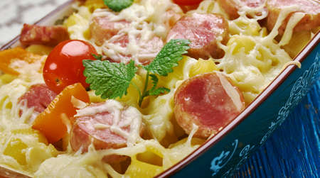 Smoked Sausage Alfredo - casserole with pasta and sauceの写真素材