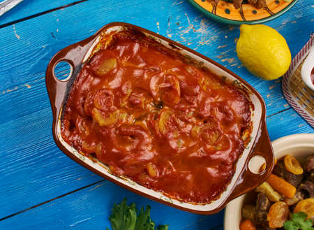 Bobotie, South African cuisine , Traditional assorted dishes, South African dish consisting of spiced minced meat baked の写真素材