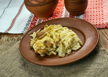 Potato babka - made from grated potatoes, eggs, onions, and pieces of smoked, boiled or fried bacon.の写真素材