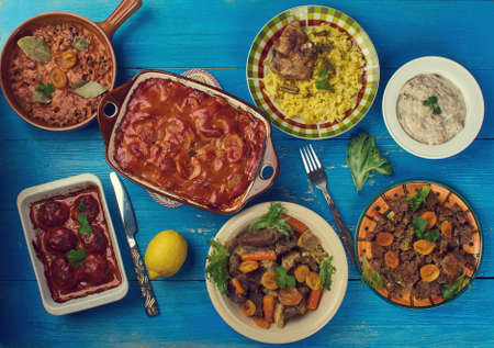 South African cuisine , Traditional assorted dishes, Top view.の写真素材
