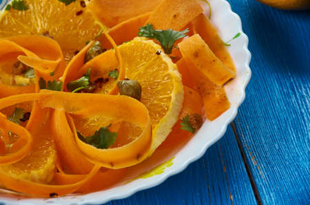 Moroccan cuisine,  Carrot Salad with Oranges and Medjool Dates, Traditional assorted Moroccodishes, Top view.の写真素材