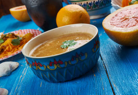 Moroccan cuisine, Carrot Red Lentil Soup, Traditional assorted Moroccodishes, Top view.の写真素材