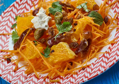 Moroccan cuisine, Carrot Salad with Spicy Lemon , Traditional assorted Moroccodishes, Top view.の写真素材