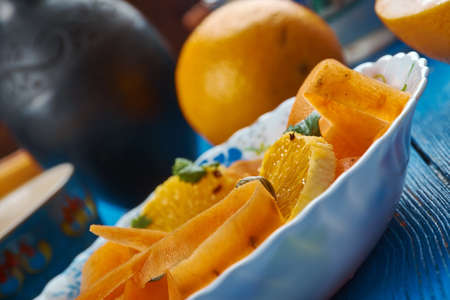 Moroccan cuisine,  Carrot Salad with Oranges and Medjool Dates, Traditional assorted Moroccodishes, Top view.の写真素材
