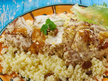 Moroccan Couscous Stuffed Chicken Breasts, Traditional assorted Morocco dishesの写真素材
