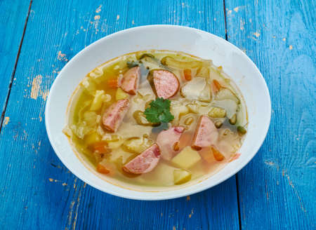 Crockpot Polish Sausage and Cabbage Soup close upの写真素材