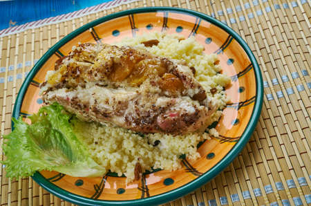 Moroccan Couscous Stuffed Chicken Breasts, Traditional assorted Morocco dishesの写真素材