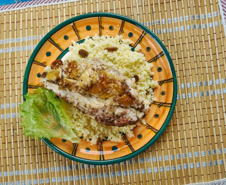 Moroccan Couscous Stuffed Chicken Breasts, Traditional assorted Morocco dishesの写真素材