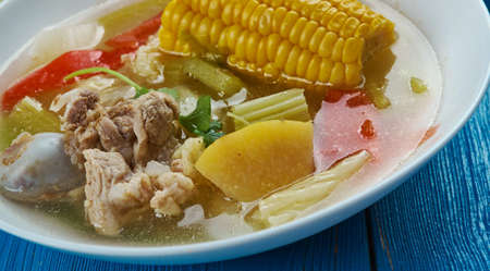  Mexican cuisine , Caldo de Res , Mexican Beef Soup, Traditional assorted dishes, Top view.の写真素材