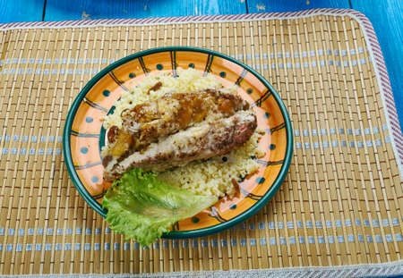 Moroccan Couscous Stuffed Chicken Breasts, Traditional assorted Morocco dishesの写真素材