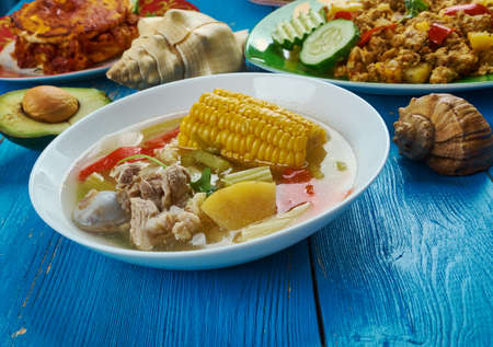  Mexican cuisine , Caldo de Res , Mexican Beef Soup, Traditional assorted dishes, Top view.の写真素材