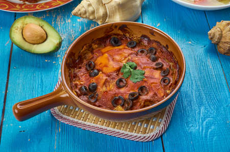  Mexican cuisine , Traditional Red Chilaquiles With Chicken,  assorted dishes, Top view.の写真素材