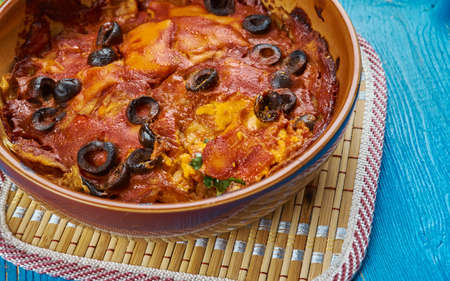  Mexican cuisine , Traditional Red Chilaquiles With Chicken,  assorted dishes, Top view.の写真素材