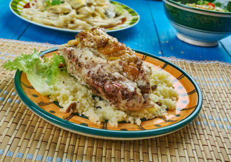 Moroccan Couscous Stuffed Chicken Breasts, Traditional assorted Morocco dishesの写真素材