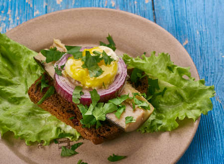 Sol over Gudhjem - Danish dish, an open sandwich with rugbrod, smoked herring, chives and a raw egg yolk, Danish cuisineの写真素材