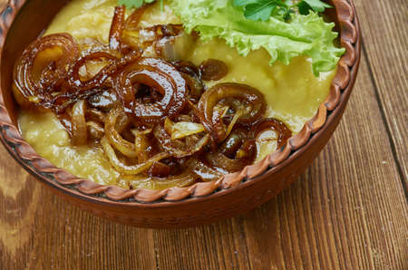 Danish Split Pea Soup and browned onions. の写真素材