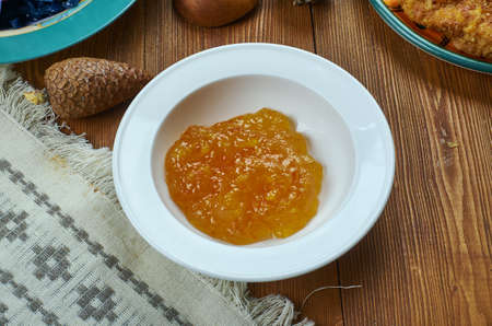 German cuisine , Apfelmus,  Traditional apple sauce, assorted dishes, Top view.