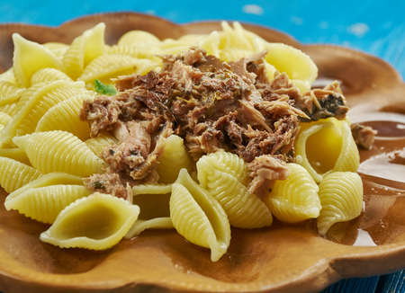 Italian  Pasta Conchiglie with Tuna, close up