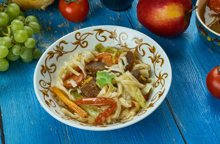 Uzbek Qorasaroy Lagmon , Traditional assorted dishes, Top view.  Central Asian cuisineの写真素材