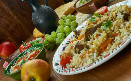 Turkmen Pilaf cuisine , Traditional assorted dishes, Top view.の写真素材
