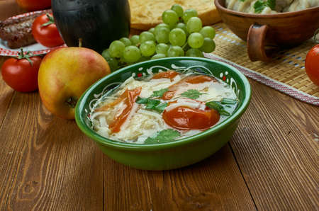 shorba Fish ogurdzhalinskaya,  Turkmen cuisine , Traditional assorted dishes, Top view.の写真素材