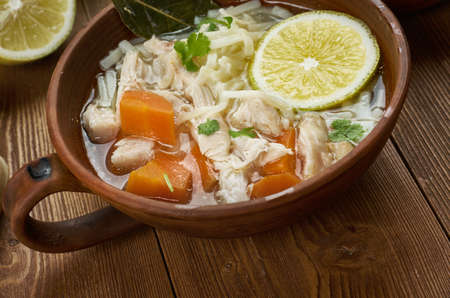  Avgolemono  - Greek Lemon Chicken Soup , Traditional assorted dishes, Top view.の写真素材