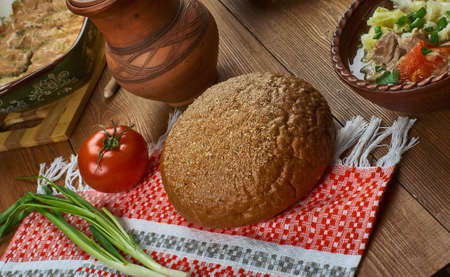 Polish conttage rye , Traditional assorted Poland dishes, Top view.の写真素材