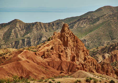 Fairy Tale Canyon, rock formations on the Issyk-Kul lake. Kyrgyzstan.Central Asia