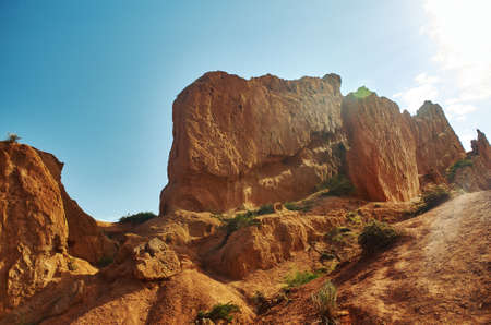 Fairy Tale Canyon, rock formations on the Issyk-Kul lake. Kyrgyzstan.Central Asia