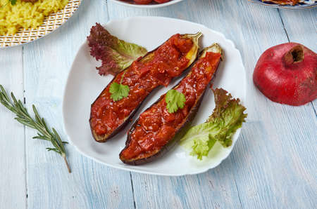 Badimjan Dilchaklari, Tender eggplant is layered with a tomato sauce,, Azerbaijani cuisine, Traditional assorted dishes, Top view.の写真素材