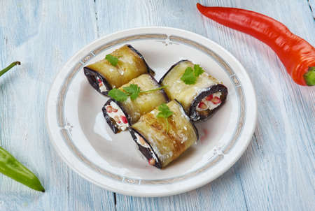 Badrijai Nigvzit, Georgian food , slices of eggplant  cooked paste of walnuts, vinegar, and spices is spread on the eggplant slices, which are then rolled.の写真素材