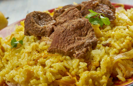 Uyghur polo , Lamb Pilaf ,  Uyghur cuisine,  Asia Traditional assorted dishes, Top view