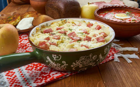 Belarusian Pork and Potato Pie , Belarusian  cuisine, Traditional assorted dishes, Top view.の写真素材