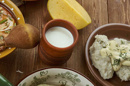 Lithuanian milk  products cuisine, Baltic Traditional assorted dishes, Top view.の写真素材
